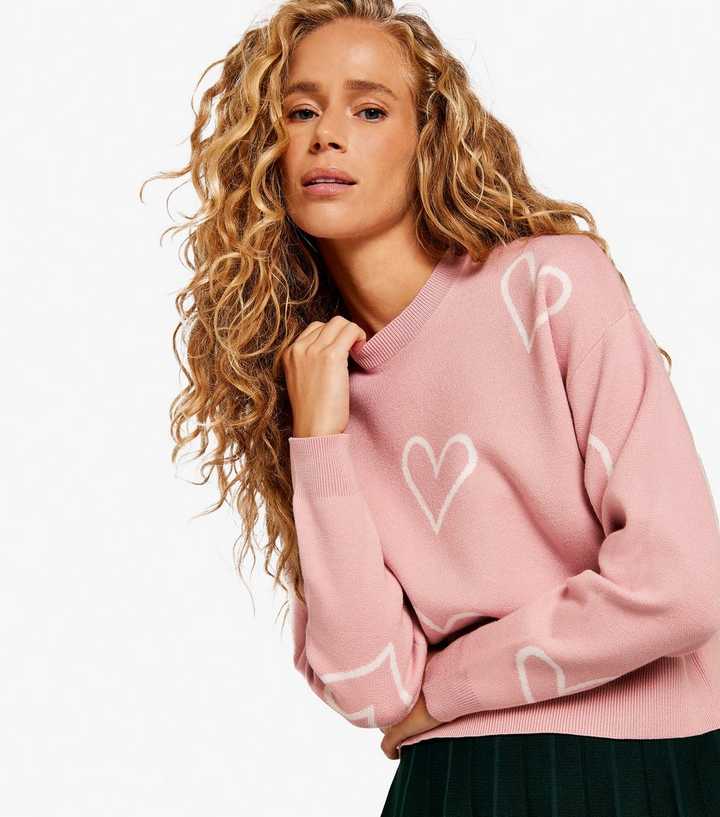 Apricot Pink Heart Knit Crew Neck Sweatshirt | New Look