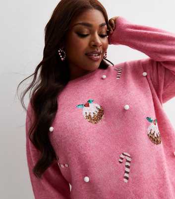 Curves Pink Knit Christmas Pudding Jumper