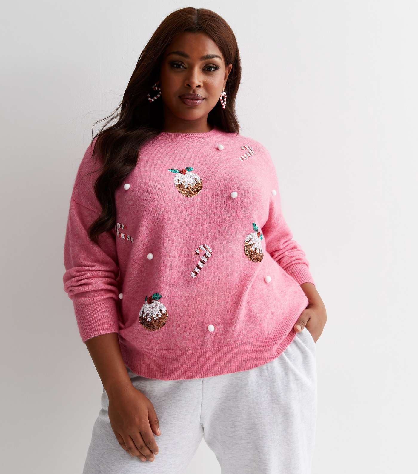 Curves Pink Knit Christmas Pudding Jumper Image 2