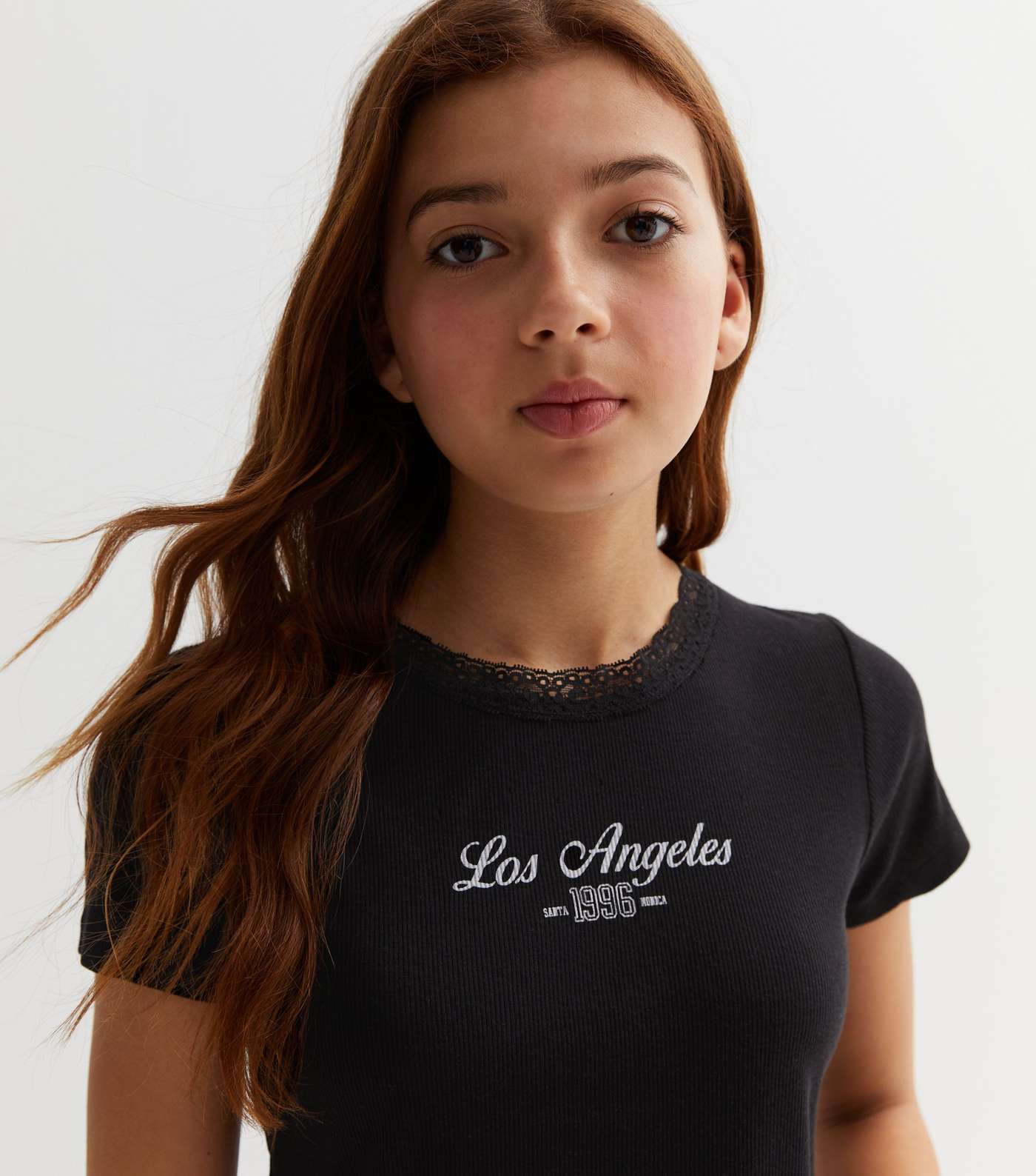 Girls Black Lace Trim Los Angeles Logo T-Shirt Image 3