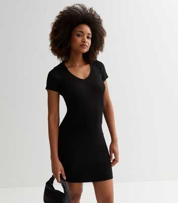Pink Vanilla Black Ribbed Knit Collared Mini Bodycon Dress