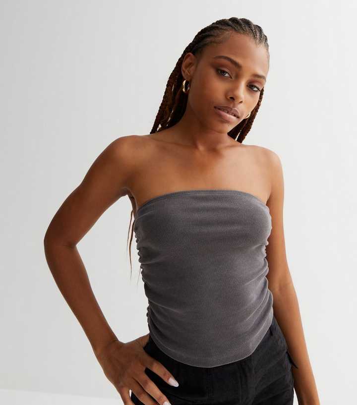 Dark Grey Acid Wash Ruched Bandeau Top