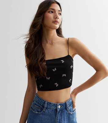 Black Embroidered Strappy Bandeau Crop Top