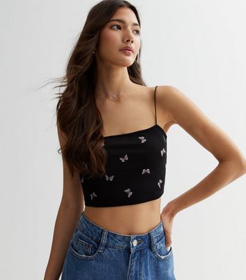 Black Butterfly Embroidered Strappy Crop Top | New