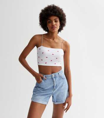 White Cherry Embroidered Strappy Crop Top