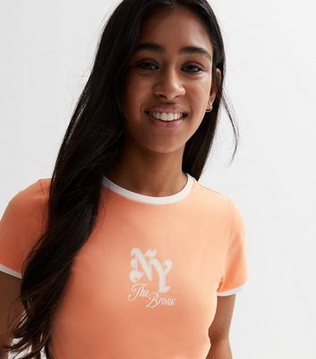 Girls Coral Gothic NY Logo Ringer T-Shirt New Look