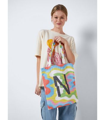 Noisy May Multicoloured Doodle N Logo Canvas Tote Bag New Look