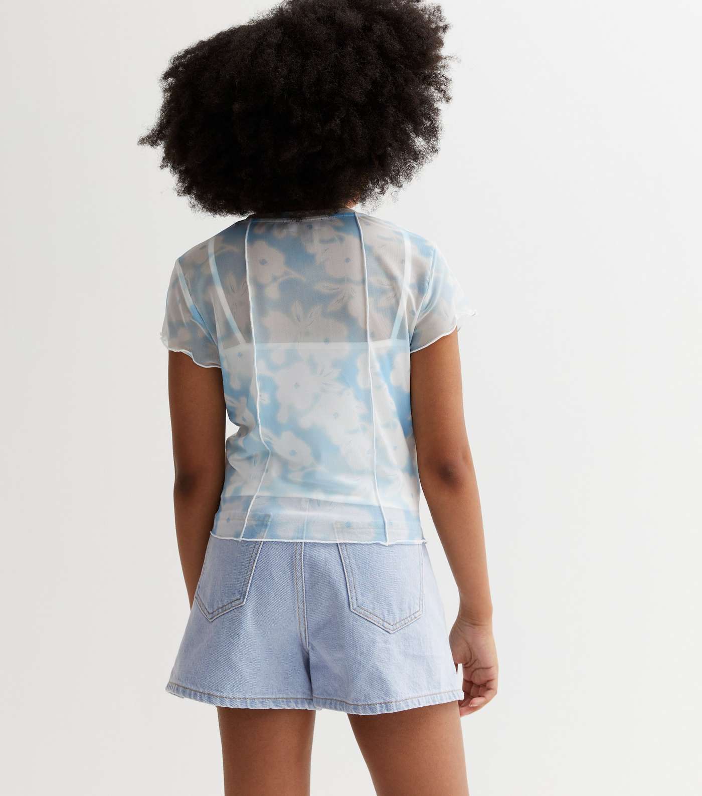 Girls Blue Floral Mesh Exposed Seam T-Shirt Image 4
