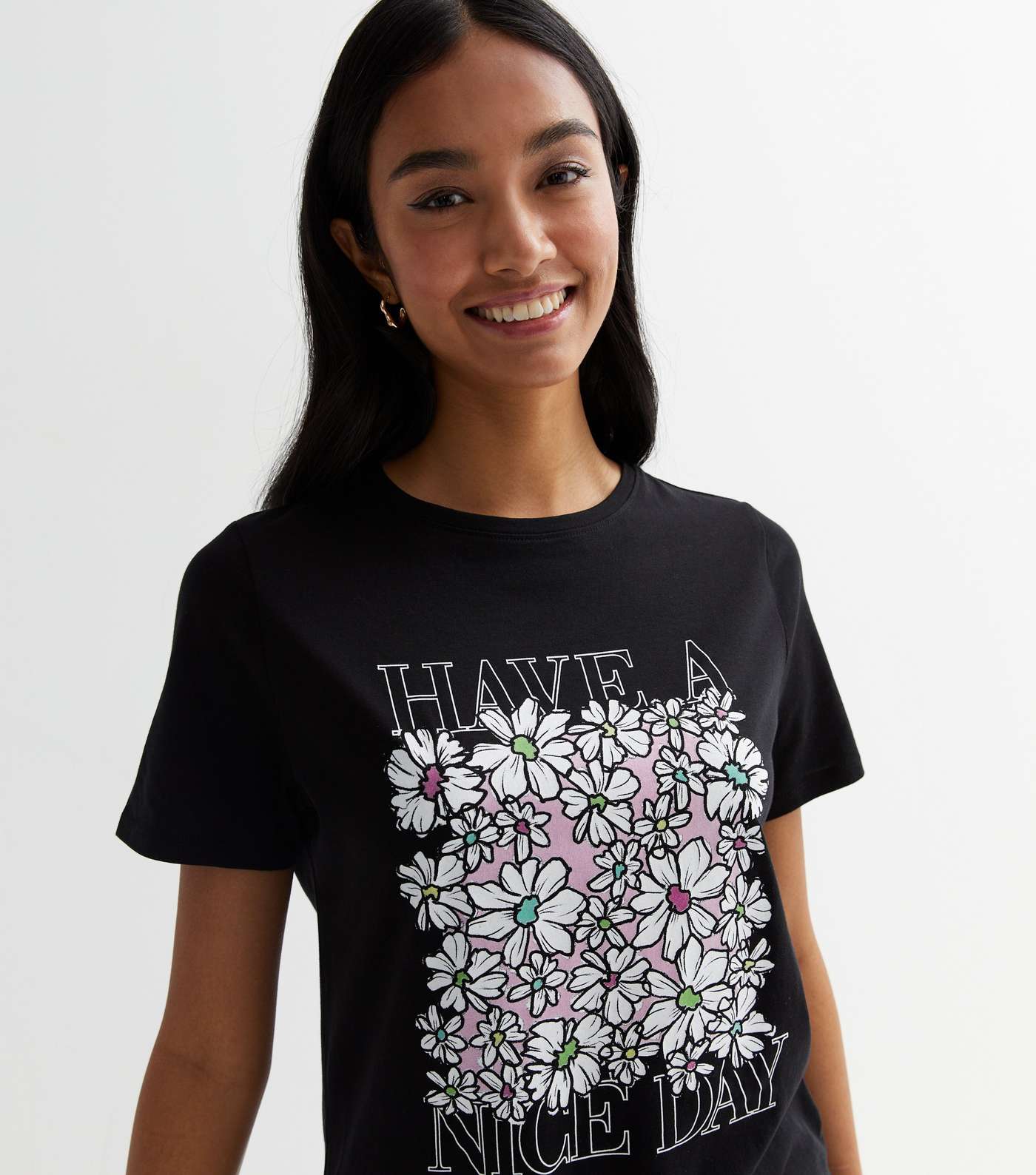 Black Floral Have a Nice Day Logo T-Shirt Image 3