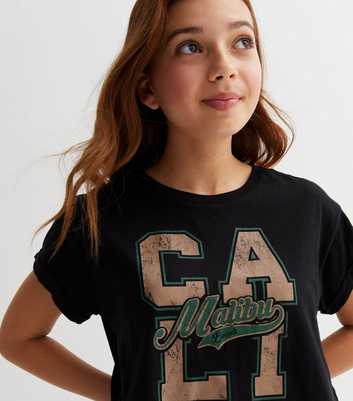 Girls Black Malibu Roll Sleeve Logo T-Shirt