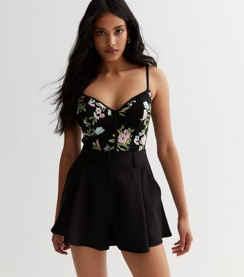 Black Floral Strappy Bustier Bodysuit New Look