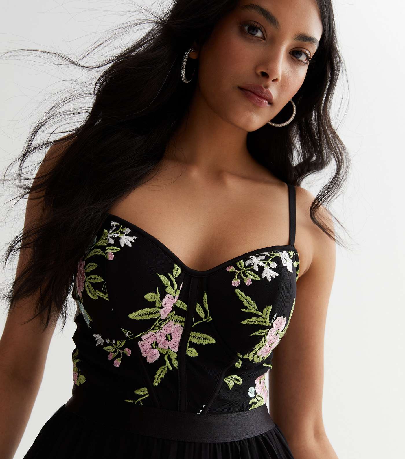 Black Floral Embroidered Bustier Strappy Midi Dress Image 3