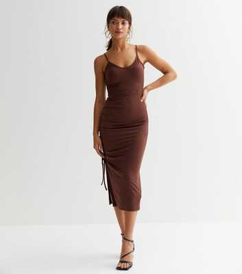 Brown Strappy Ruched Midi Bodycon Dress