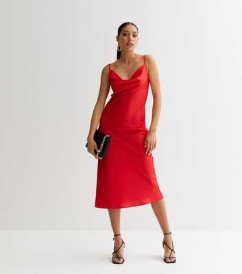 Red Satin Cowl Neck Midi Slip Dress