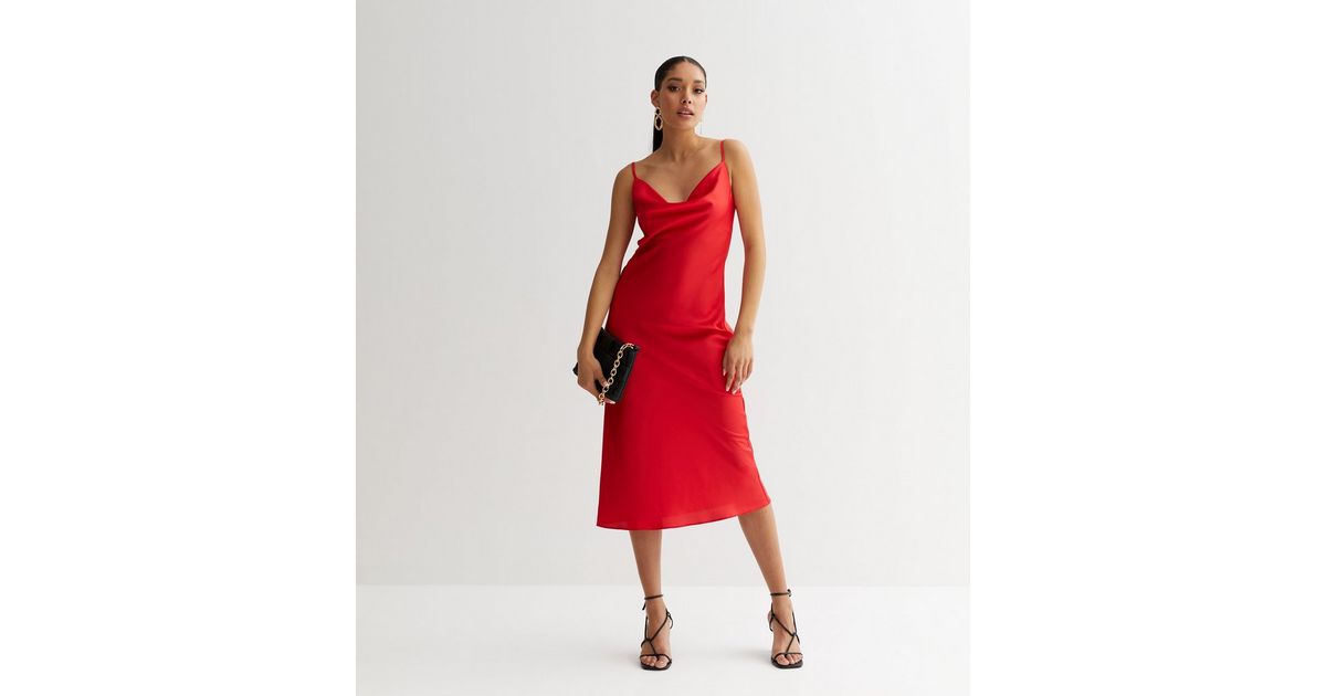 Red Satin Cowl Neck Midi Slip Dress New Look