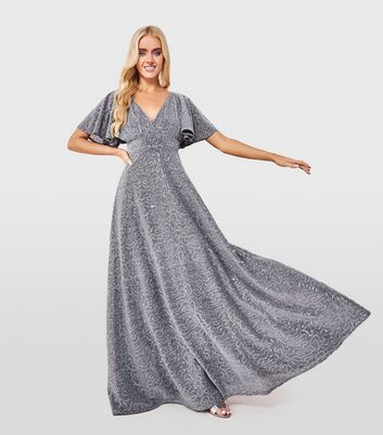 Goddiva Silver Glitter Sequin Embroidered Maxi Dress