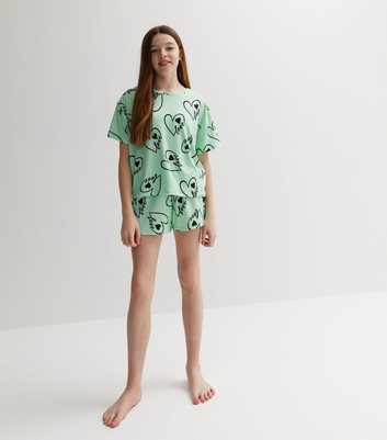 Girls Green Short Pyjama Set with Heart Print