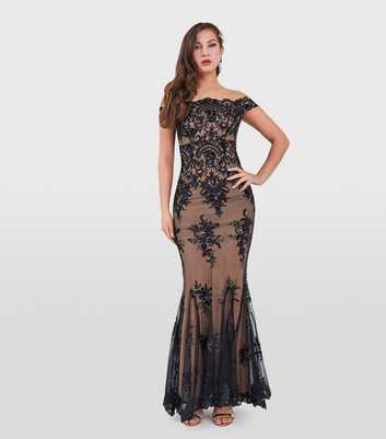 Goddiva Black Sequin Embroidered Bardot Maxi Dress