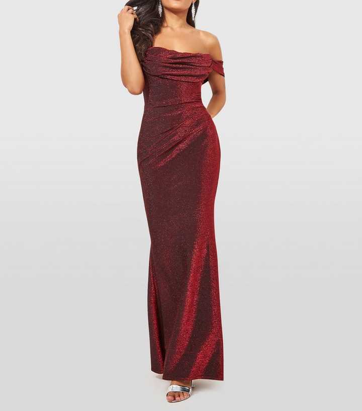 vente kirurg Reception Goddiva Dark Red Glitter Bardot Bodycon Maxi Dress | New Look