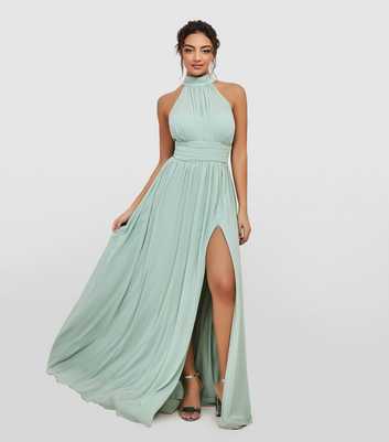 Goddiva Light Green Chiffon Halter Neck Split Hem Maxi Dress
