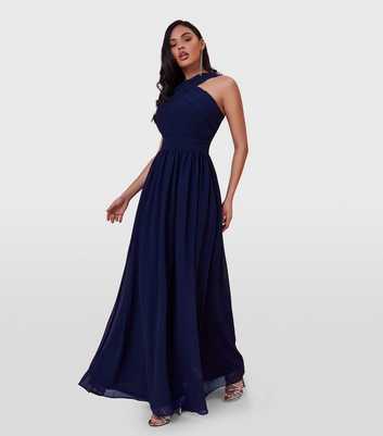 Goddiva Navy Chiffon Halter Neck Pleated Maxi Dress