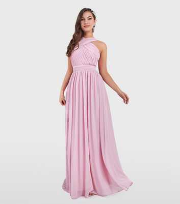 Goddiva Pink Chiffon Halter Neck Pleated Maxi Dress