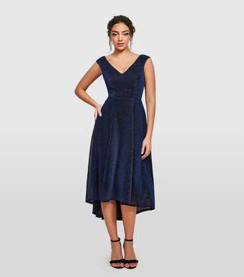 Goddiva Navy Glitter Dip Hem Midi Dress