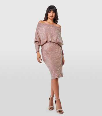 Goddiva Pale Pink Sequin Cowl Neck Midi Dress