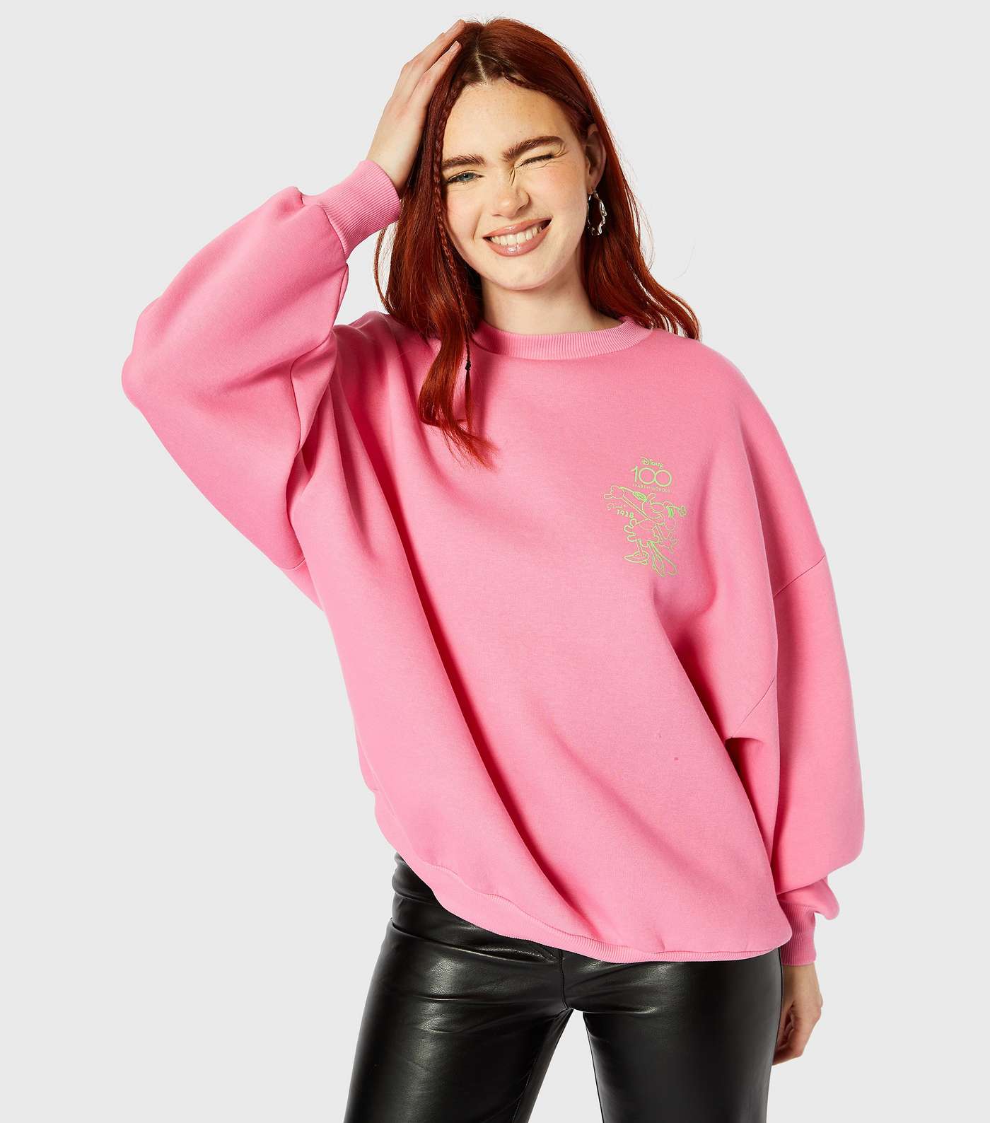 Skinnydip Bright Pink Minnie Mouse Neon Logo Oversized Sweatshirt Image 3