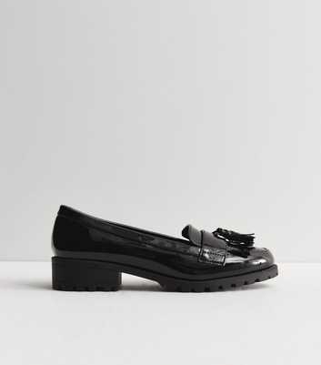 Wide Fit Black Patent Chunky Fringe Loafers