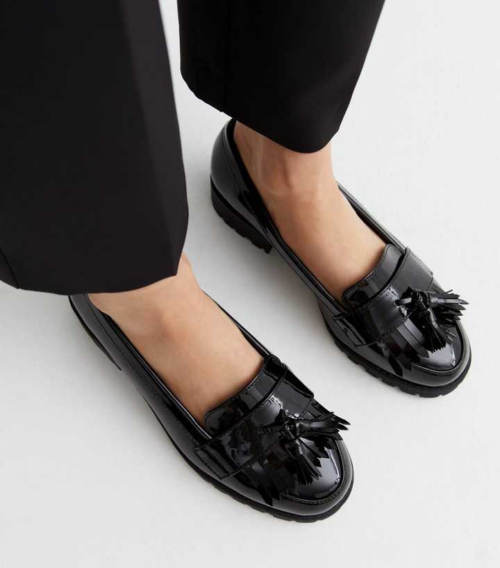 Wide Fit Black Patent Chunky Fringe Loafers |