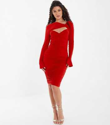 QUIZ Red Long Sleeve Ruched Knot Front Midi Bodycon Dress