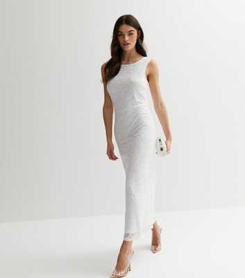 VILA Off White Lace Frill Back Midi Dress