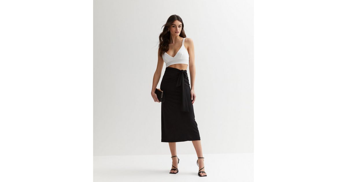 Black Jersey Tie Side Midi Skirt | New Look