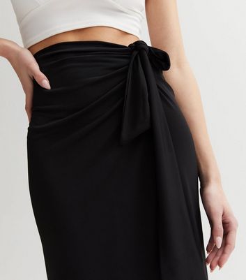 Black Jersey Tie Side Midi Skirt New Look
