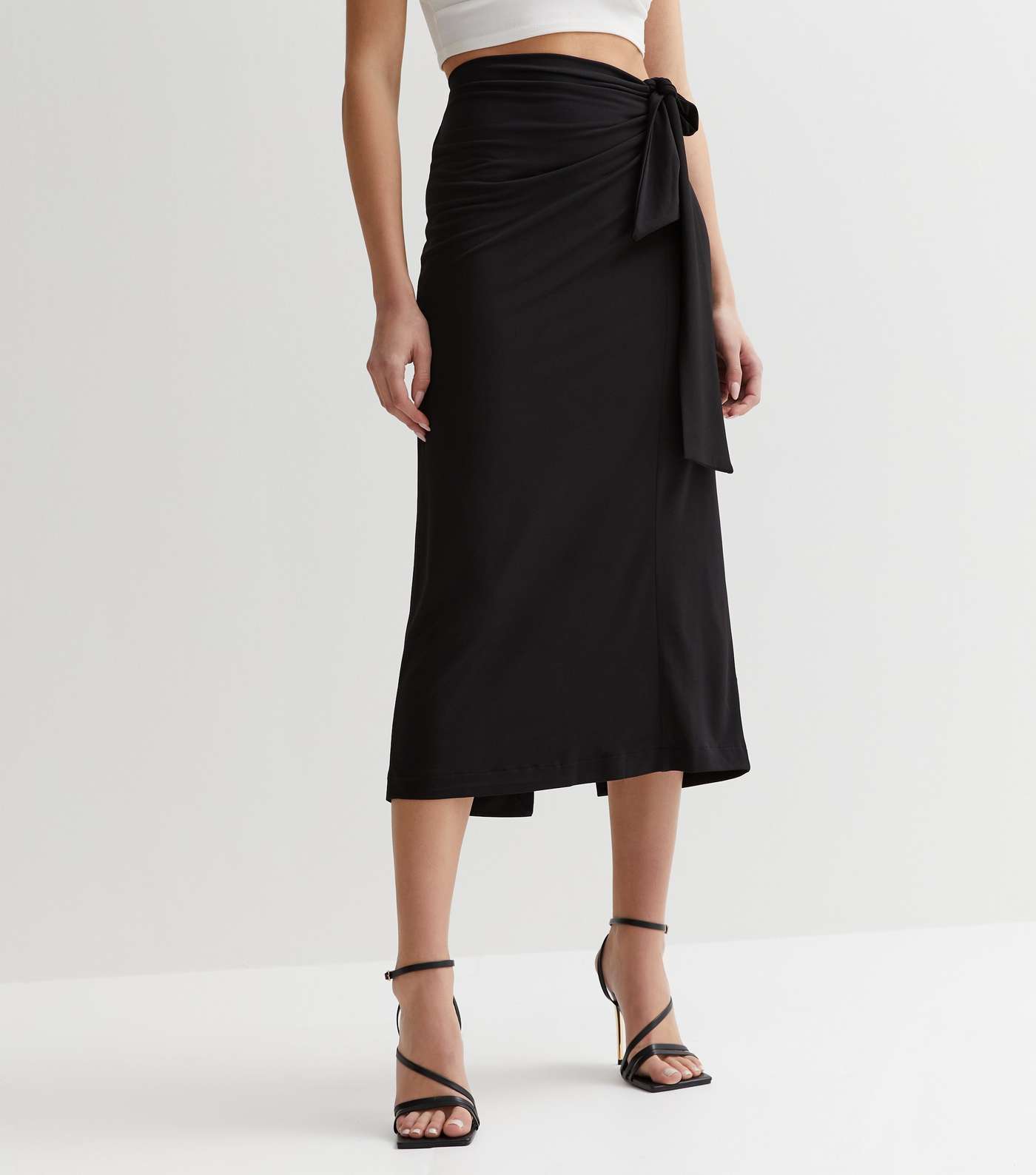 Black Jersey Tie Side Midi Skirt Image 3