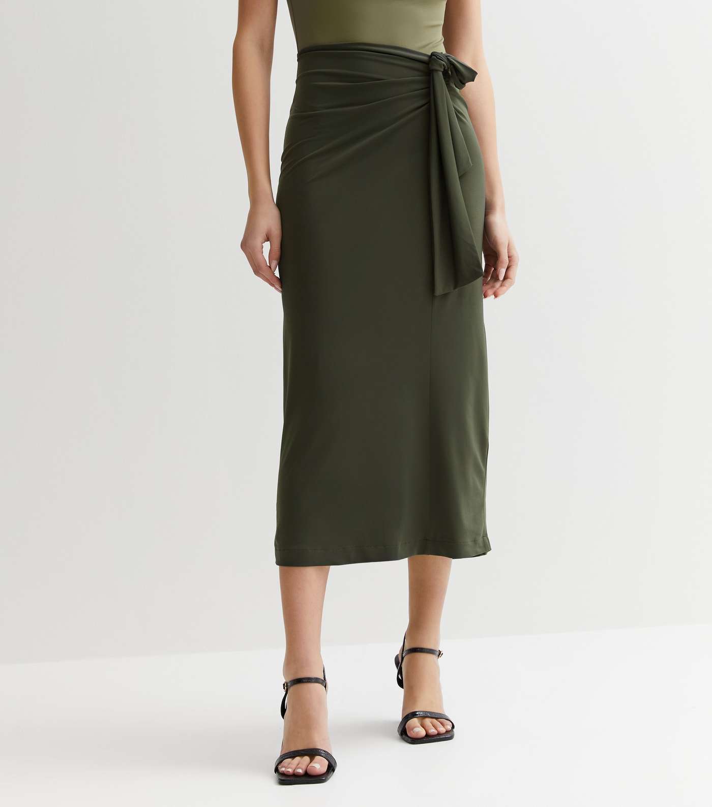 Khaki Jersey Tie Side Midi Skirt Image 3