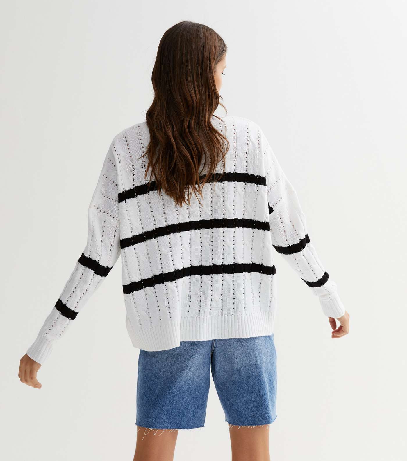 Off White Stripe Cable Knit Jumper Image 3