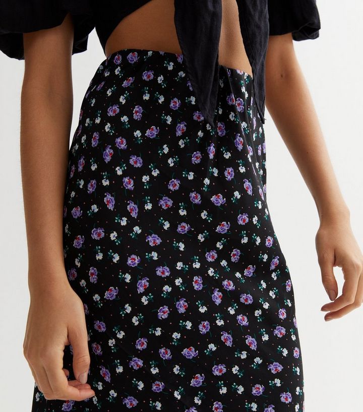 Influence Black Ditsy Floral Midi Skirt | New Look