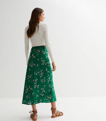 New look ditsy floral midi skirt in green outlet pattern