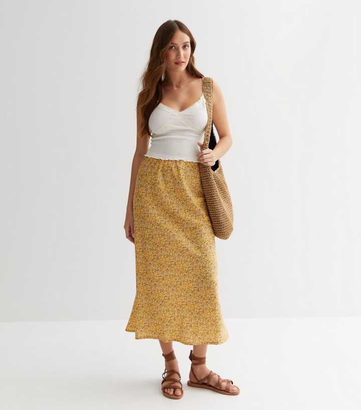Influence Yellow Ditsy Floral Midi Skirt