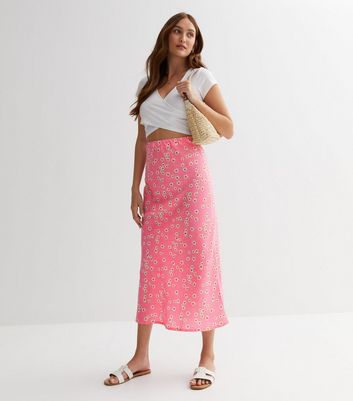 Pink floral hotsell midi skirt