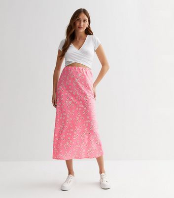 Influence Pink Ditsy Floral Spot Midi Skirt New Look