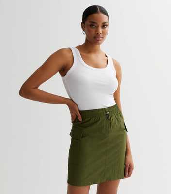 Khaki Crinkle Cargo Mini Skirt