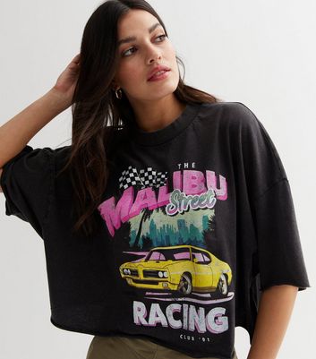 ONLY Black Malibu Racing Acid Wash Boxy Crop T-Shirt | New Look