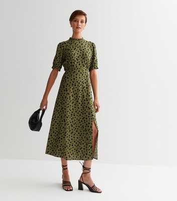 Green Spot Split Hem Midi Dress
