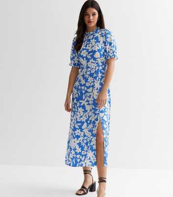 Blue Floral Puff Sleeve Midi Dress