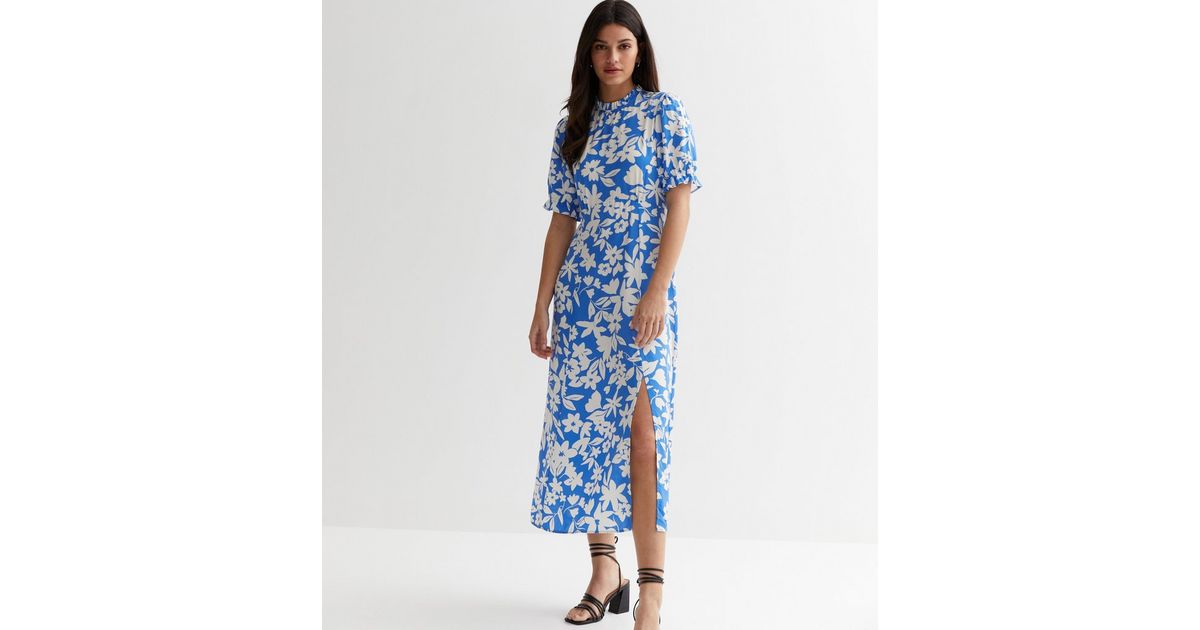 Women Floral Puff Sleeves Blue Midi Dress
