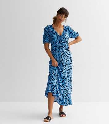 Blue Zebra Print Frill Midi Dress