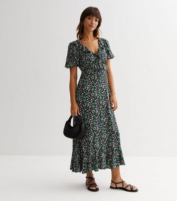 Black Ditsy Floral Puff Sleeve Midaxi Dress New Look